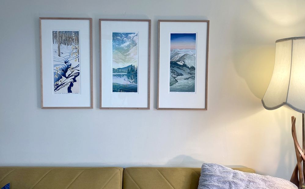 Matt Brown Woodblock Print Mountain Triptych Above The Couch